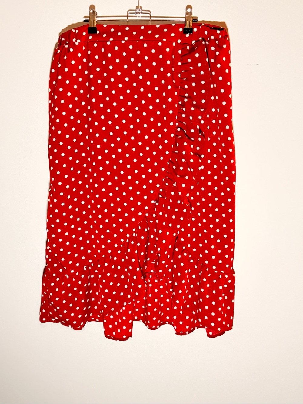 SHEIN Red & White Polka Dot Ruffle-Trim Midi Skirt
